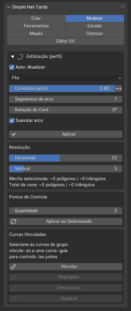 Painel da aba Modelar
