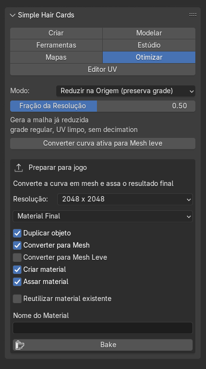 Painel da aba Otimizar