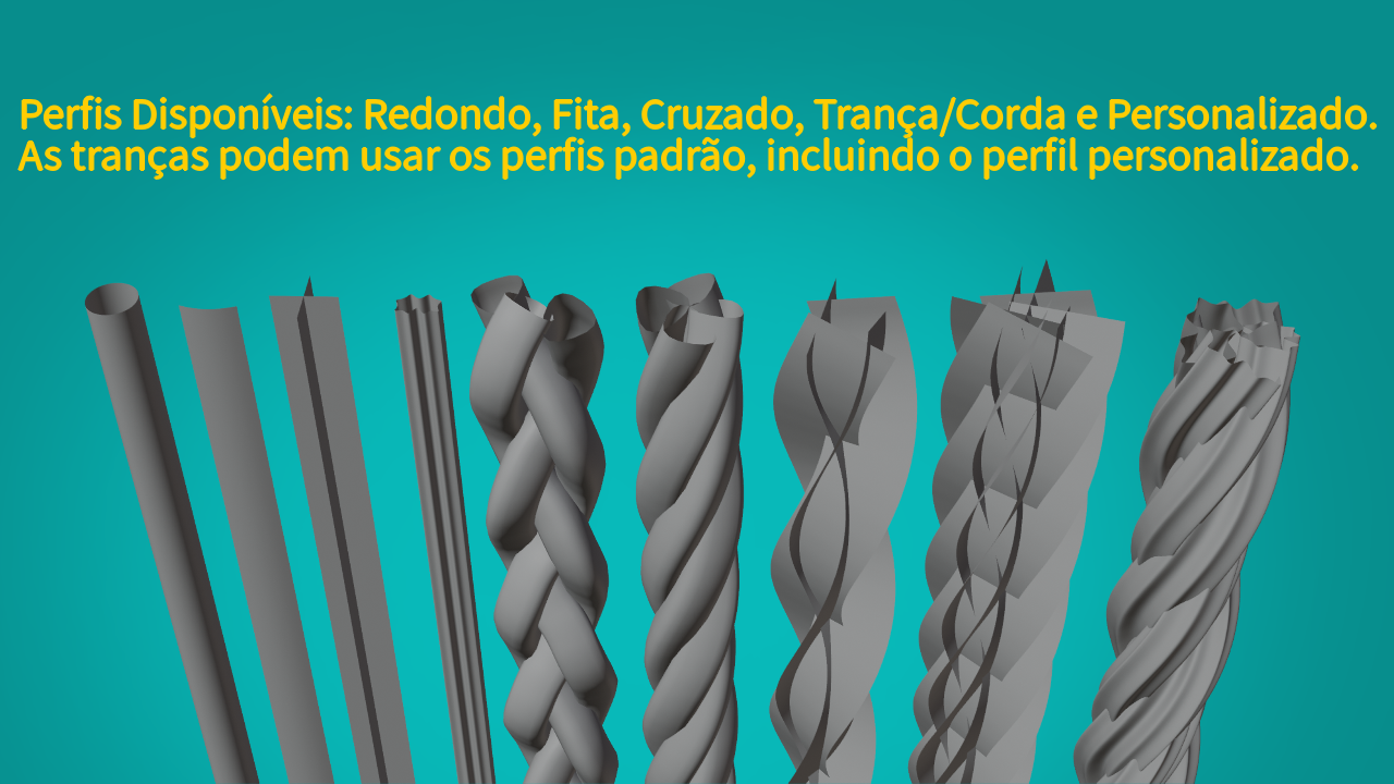 Perfis disponíveis: Redondo, Fita, Cruzado, Trança/Corda e Personalizado